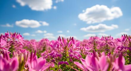 Obraz premium Vibrant pink wildflower blooming in a lush green meadow under a bright sunny blue sky with fluffy white cloud, serene natural landscape during a peaceful spring morning at dawn.
