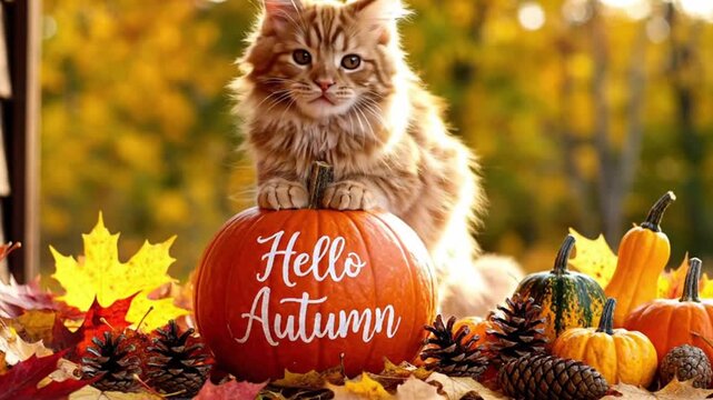 Fluffy ginger cat standing on a pumpkin with hello autumn text surrounded by fall leaves and pinecones