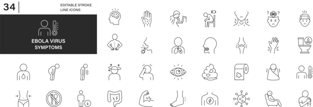 Ebola Virus Symptoms icon set. Editable stroke line icons collection. Containing fever, fatigue, weakness, headache, sore throat infection and more. Vector illustration.