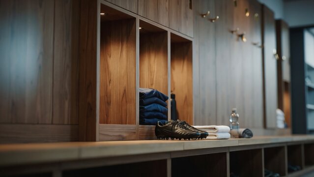 Close up of professional soccer cleats and folded training gear inside a modern wooden locker room cubby