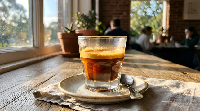 A single shot of dark espresso in a transparent glass cup, highly detailed texture of the coffee foam, minimalist aesthetic