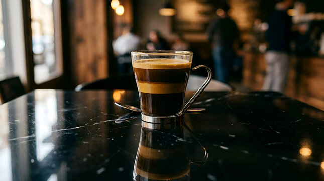 A clear glass mug filled with layered coffee espresso, clean reflection on a glossy black tabletop, artistic cinematic lighting