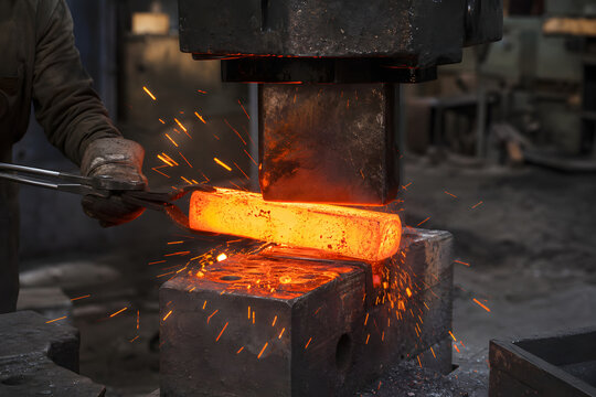 Glowing steel billet under forge hammer