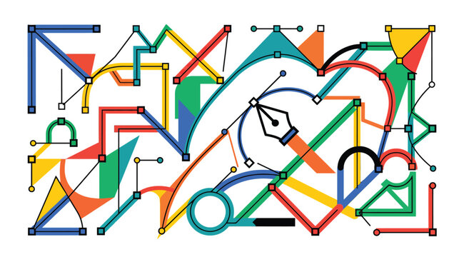 Abstract vector graphic design featuring a digital pen tool icon surrounded by colorful geometric shapes lines nodes and anchor points creating a complex artistic composition for modern creative