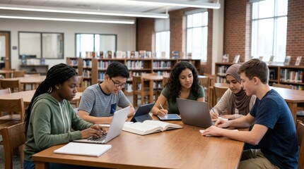 Obraz premium Students collaborating in a university library using laptops and digital devices