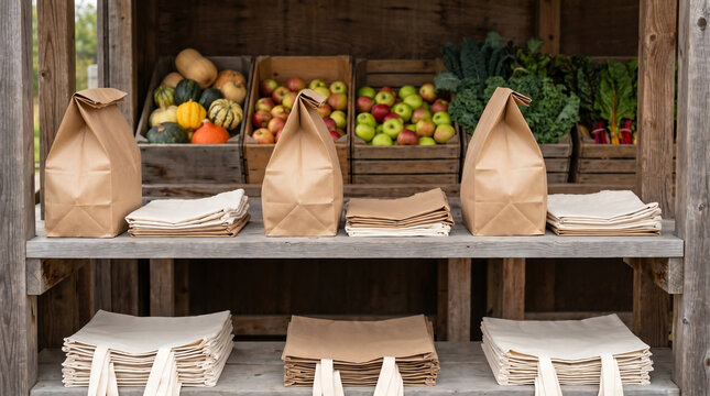 Farm market pickup shelf with produce bags