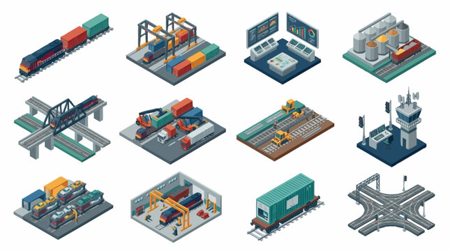 Isometric set of logistics and transportation elements including trains, cranes, containers, and infrastructure.