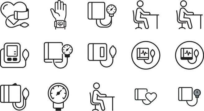 Blood Pressure Monitor Icon Set with Sphygmomanometer and Hypertension Patient Outline Vector Elements
