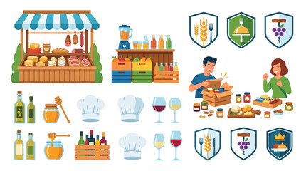Naklejka premium Gourmet Food Beverage Box Promo Vector Bundle featuring Deli Counter and Blender Bar Icons Designed for Customizable Textless Culinary Branding