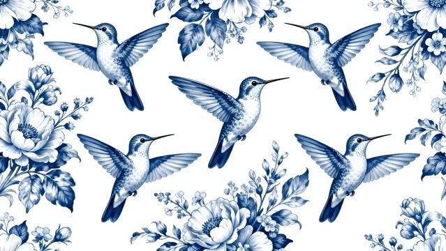Blue and white hummingbirds with floral pattern