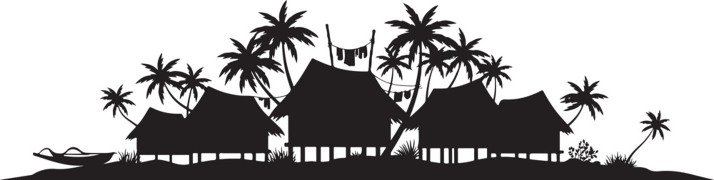 Tropical island village silhouette, with palm trees
