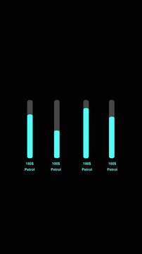 Petrol prices and fuel levels on vertical bar chart. Petrol prices data visualization for energy costs. Petrol prices animation for global oil market trends.