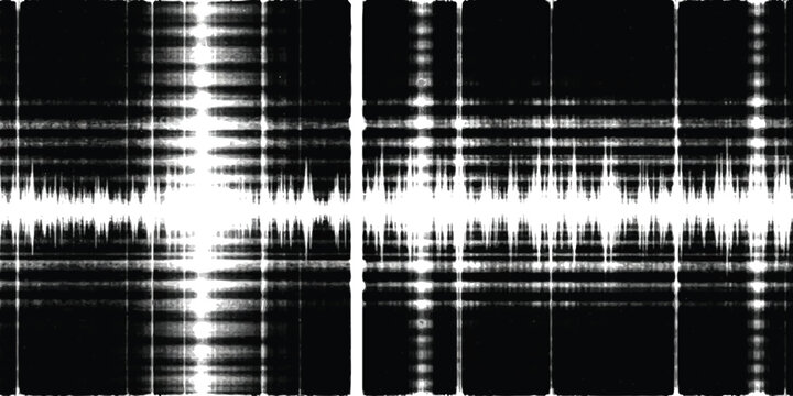 Abstract sound wave visualization with digital noise pattern in black and white