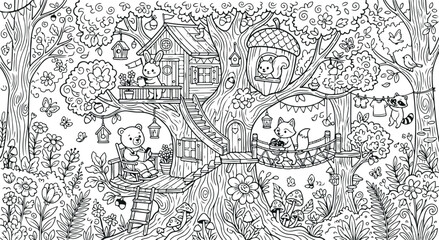 Obraz premium Woodland Animal Treehouse Coloring Page Illustration for Kids