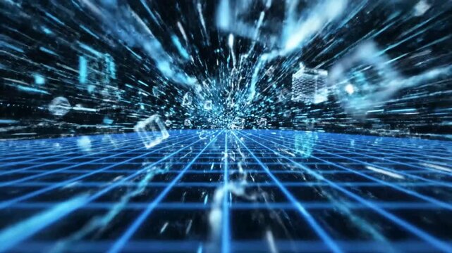 Blue digital perspective grid floor in dark space.