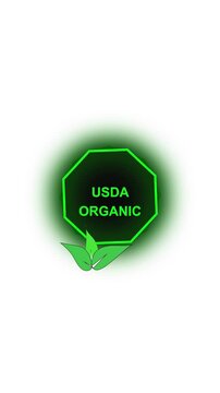 Organic green octagon seal for natural food certification. Organic symbol with leaves for eco friendly products. Organic animation for sustainable farming label.