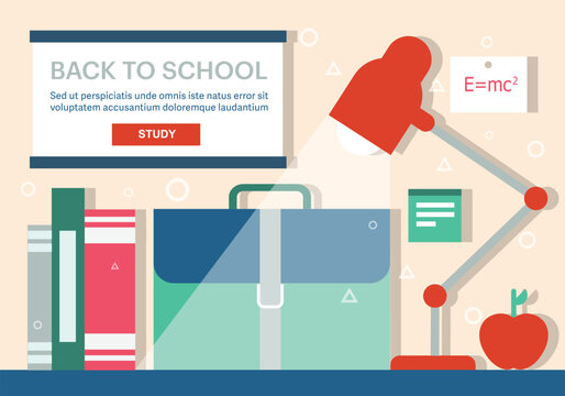 Back To School Vector Illustration With Books Lamp And Scientific Symbols