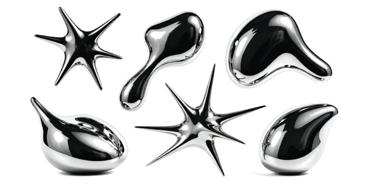 Set of abstract liquid chrome shapes with shiny metallic reflections and fluid organic forms