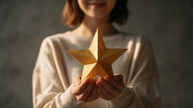 Woman gently holding a large golden star with both hands, representing success, achievement, reward, excellence, and motivation, with a soft smile visible