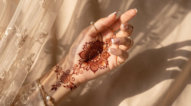 Close up of womans hand with intricate henna mehendi design wearing gold jewelry and pearls