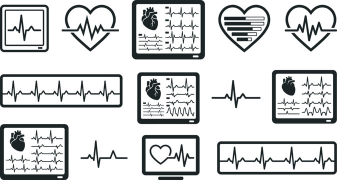 Heart Rate Monitor Icon Set with ECG Cardiogram Pulse and Electrocardiogram Vector Elements