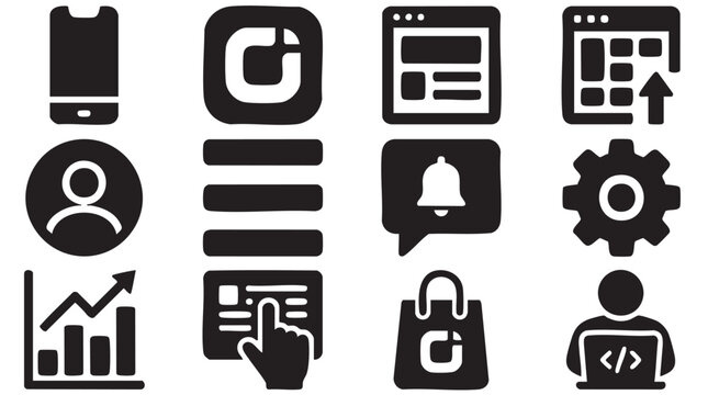 Web, mobile, and coding icons, black on white, 10 symbols, vector graphics