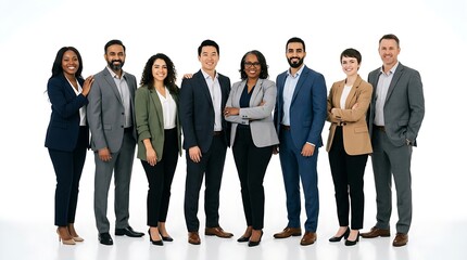 Fototapeta premium Diverse and confident group of smiling business professionals standing together, embodying teamwork, collaboration, and a modern corporate success