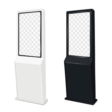 Touch screen self-service digital kiosk isolated. White, black. 3d mockup. Floor interactive display stand. Touchscreen LED LCD monitor panel. Realistic vector mock-up. Template for design