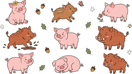 Cute Pig and Wild Boar Collection Featuring Adorable Piglets Boar Family Forest Animals and Cartoon Farm Illustrations © Yevhenii creative