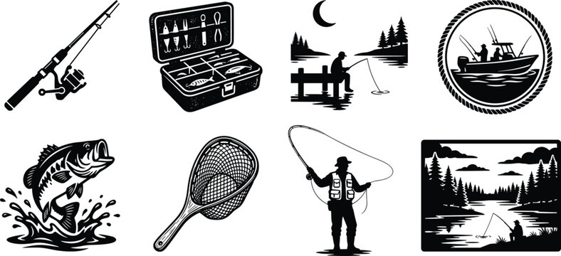 Set of outdoor fishing icons and vector silhouettes featuring rod tackle box jumping bass landing net fisherman and boat in image_e9d068.png