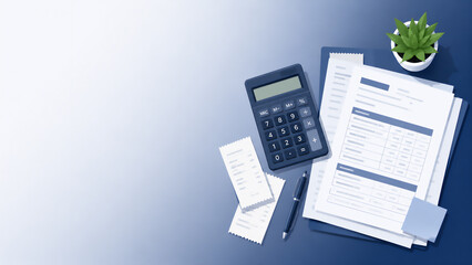 Obraz premium Calculator, receipts and tax documents on a desk, tax filing season concept, with copy space, watercolor style