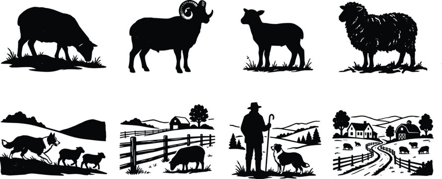 Sheep farming black silhouette icons collection featuring grazing livestock ram lamb shepherd border collie dog and countryside landscape