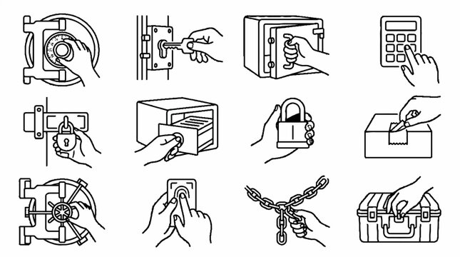 Set of hand drawn icons showing hands opening various locks and security devices.