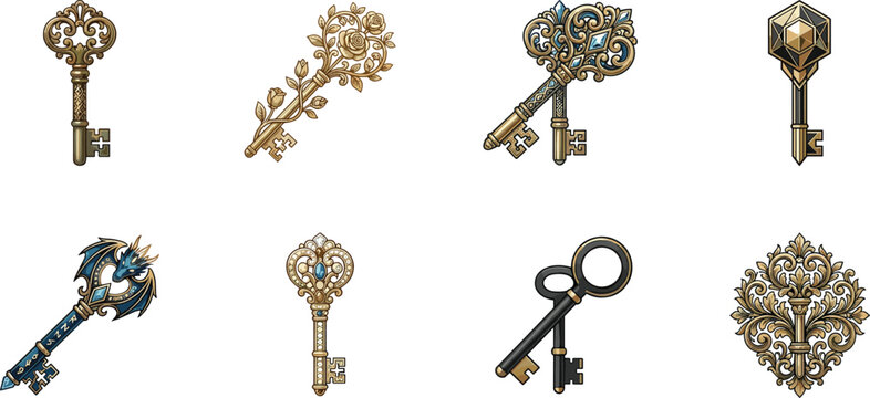Vintage skeleton key collection featuring antique ornate designs floral rose motifs fantasy dragon elements and geometric golden keysVintage skeleton key collection eys