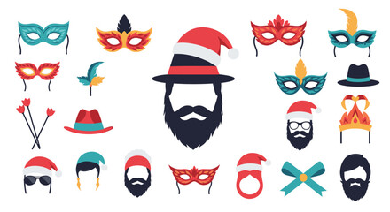 Obraz premium Variety of festive party masks, hats, beards, and glasses used for masquerades, Christmas, and carnival celebrations.