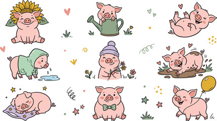 Cute Pig Characters Collection Featuring Adorable Piglets Gardening Sleeping Playing and Everyday Cartoon Farm Animal Illustrations © Yevhenii creative