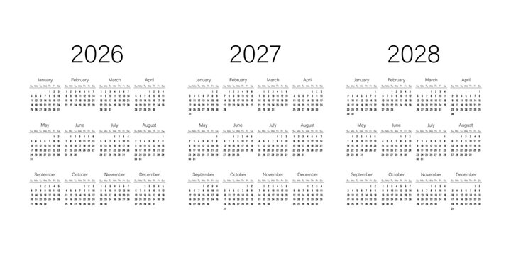 Minimalist design calendar for 2026, 2027, 2028 featuring clean and simple aesthetic