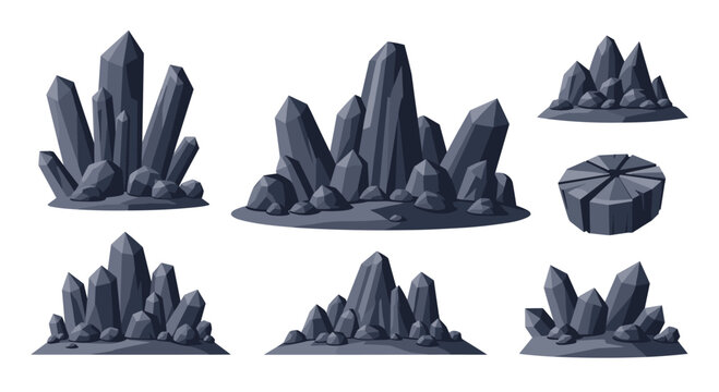 Detailed set of dark grey crystal clusters and sharp rock formations isolated on a white background for digital game assets.