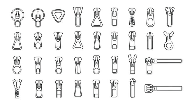 Highly detailed collection of various zipper puller styles and sliders shown in clean black and white outline icons.