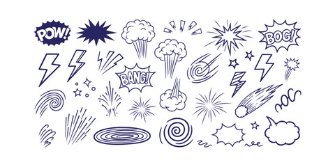 Comic book style action sound effects and explosion elements set ©  creative  marlia