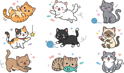 Fototapeta premium Cute Playful Cat Characters Collection Featuring Kittens Chasing Yarn Fish Toys and Adorable Cartoon Pet Illustrations