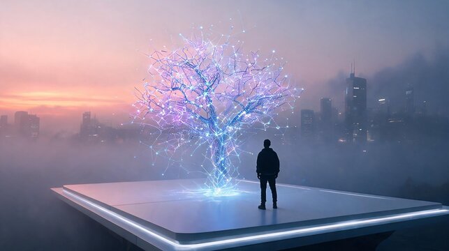 Lone silhouette observer stands before a glowing digital tree structure against a misty urban skyline backdrop