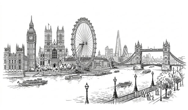 London City Skyline Hand Drawn Engraving Sketch Vector Illustration