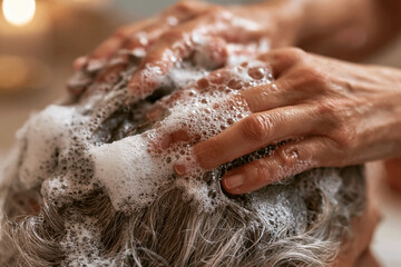 Naklejka premium Close-up of caregiver hands gently massaging shampoo into senior woman's grey hair. Elderly personal hygiene, assisted living and compassionate homecare concept.