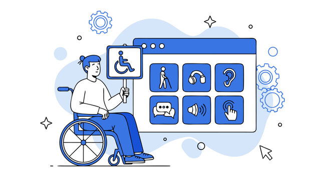 Web accessibility and digital inclusion concept vector illustration with wheelchair user and various disability assistive technology icons