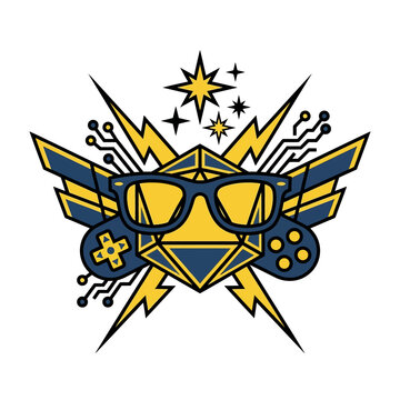 A stylized gaming emblem featuring a polyhedral die with sunglasses