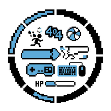 Retro pixel art icons representing gaming and computer technology