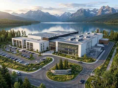 A sleek data center sits by a tranquil lake, with mountains in the background, showcasing advanced technology in a natural setting.