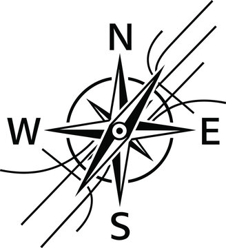 Black and white stylized compass rose icon with directional navigation markings and elegant swooping design lines for cartography and travel concepts, waypoint