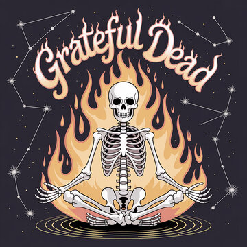 Skeleton illustration with flames and stars background Grateful Dead text transparent background